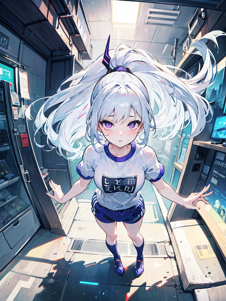 a standing in a gym uniform, sweating, long white hair, purple eyes, long socks, ponytail, blushing, detailed beautiful eyes, detailed beautiful lips, extremely detailed face, longeyelashes, dynamic pose, dramatic lighting, vibrant colors, cinematic composition, big eyes, shy, tsundere, (best quality,4k,8k,highres,masterpiece:1.2),ultra-detailed,(realistic,photorealistic,photo-realistic:1.37),full body, playful emotional