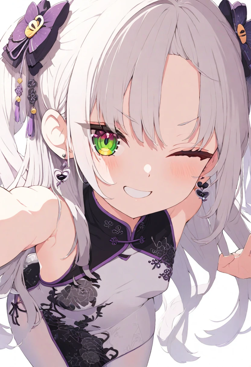 (muste piece), (best quality), very detailed eyes, expressive eyes, perfect face, very detailed face, highly detailed face, beautiful girl, 8K, beautiful girl, white background, delicate and beautiful face and eyes, dark intense shadow,
1 girl, vtuber style, cool girl, hololive, Murasaki Shion, china dress,chinese clothes, earrings, white pantyhose, Backless, back to viewer, legs, lower body, small chest, cropped shoulders, clavicle, one eye close winking, smile, body visible through clothes, chest visible through clothes, ass visible through thighs, (full body), looking at viewer, standing, sexy pose,