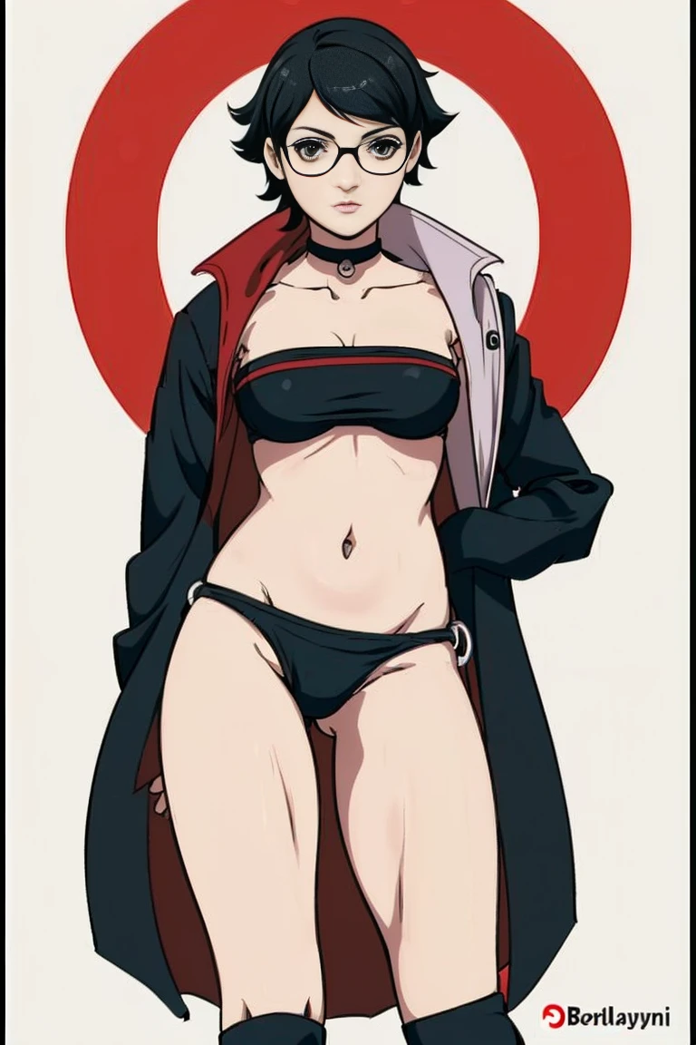 Sarada in ((((no cape)))), ((((black bikini)))), persona 5 art style wlop, style artgerm, extremely detailed artgerm, ! dream artgerm, ig model | artgerm, female protagonist 👀 :8, realistic anime 3 d style, artgerm portrait, anime styled 3d, realistic anime artstyle ((( same pose showing belly)))(((naked)))((((no jacket)))