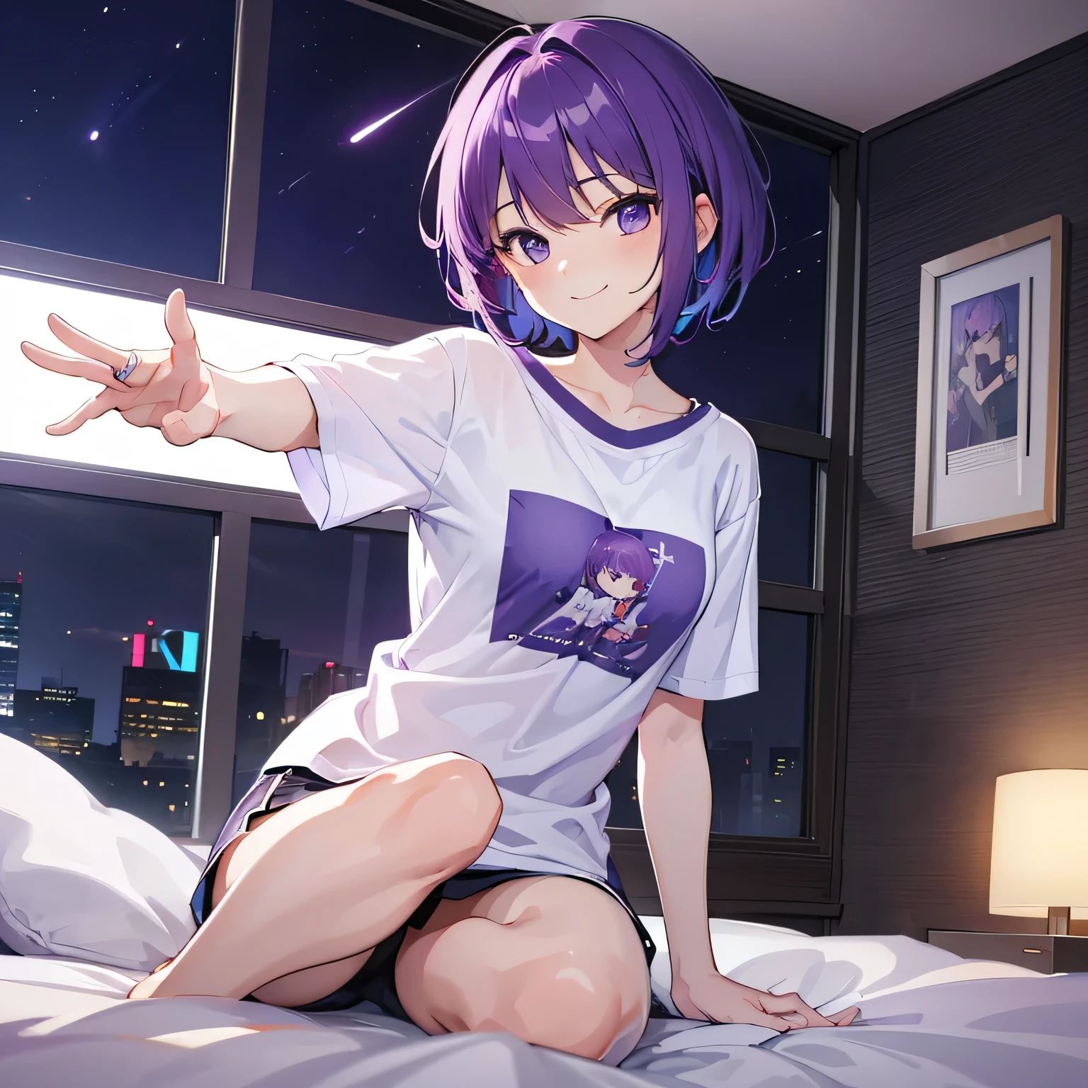 (T Masterpiece，4k wallpaper，Best Quality))、((girl１people))、(solo)、Bright and Brilliant，(Purple Hair)、(short hair:1.3)、smile、Bedroom、T-Shirts、night