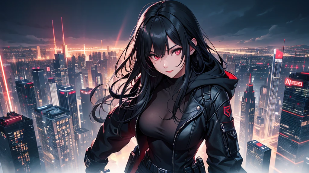 最high resolution,high resolution,Legendary Assassin, Beautiful Teenage Woman,Small breasts,black hooded coat , Grey Shirt,Black pants,Fearless smile, Red lips, Black Hair, Red eyes, realism, Night city view from the top of a skyscraper,Neon Town,Digital Painting, Concept Art, Smooth, Sharp focus, Three-part method, Style Psycho,Detailed Eyes,assassin's creed