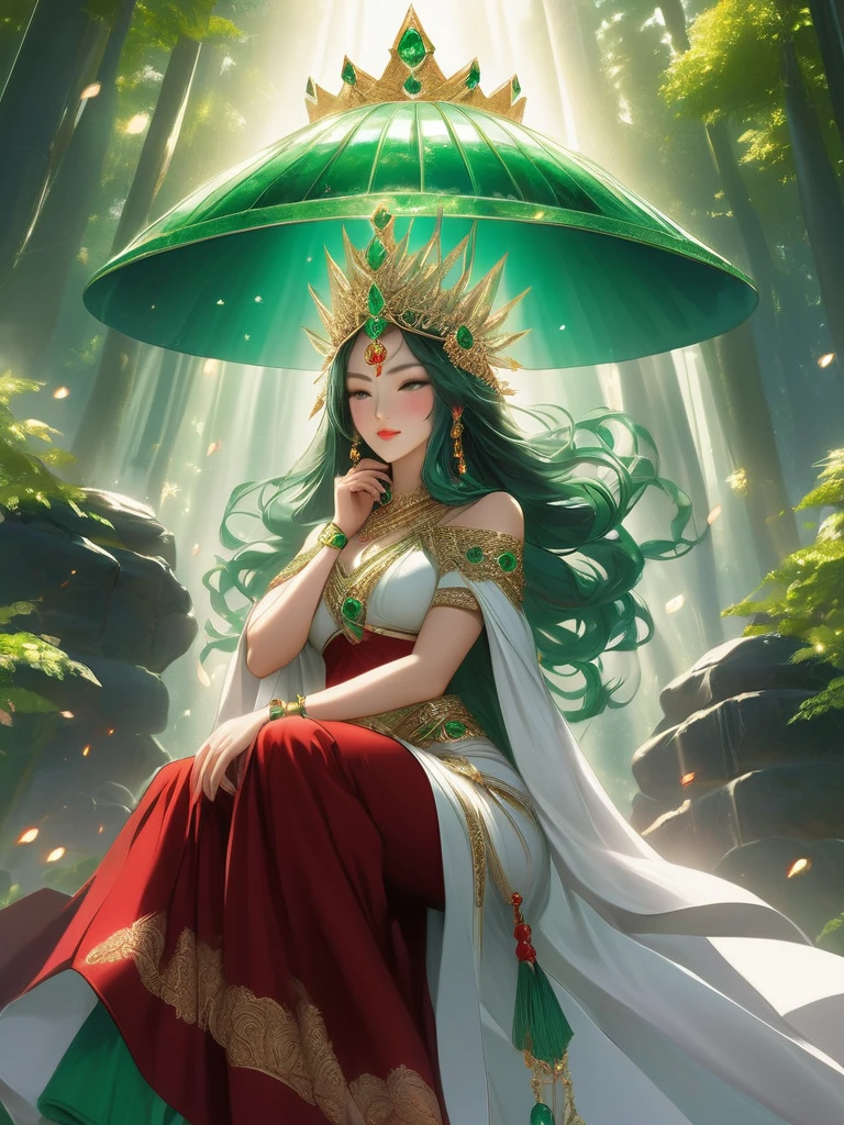 wonderful(Seat of power:1.3)scene，(1 The girl was seated on a throne made of emeralds and rubies.々I was sitting)，（Sun Goddess Amaterasu）,Behind her is a huge canopy，Towering into the sky，Made with equally impressive jewelry，The universe forms the backdrop to this beautiful scene.，She exudes royal elegance，（Japanese,A beautiful woman）,Her outfit is reminiscent of the robes worn by monks..，But a position of authority，She holds in her hand a sword made of emeralds and rubies，It represents her strength and leadership，She wore a shining crown on her head，Adorned with the most brilliant jewels，Creates a halo of heaven around her，When the sun shines in the background，She exudes incredible energy.，There&#39;Electricity crackles all around.，demonstrated her authority，A white smoky veil covers her，Symbolizes the Holy Spirit，and emphasized her status and connection to God.，这一scene体现了她令人敬畏的存在，Strong and authoritative