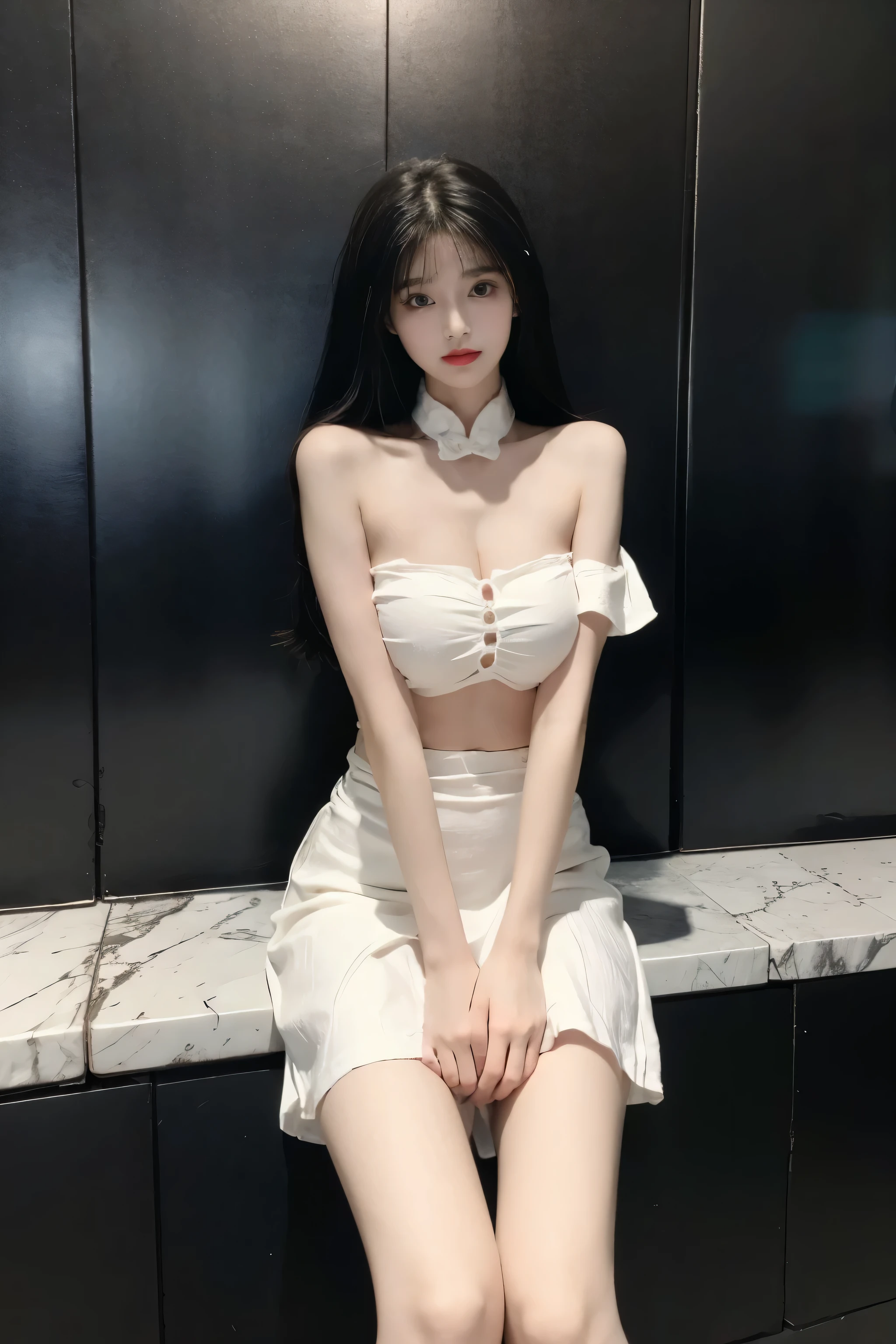 chinese clothes, ((Large Breasts)), ((D cup)), Visible cleavage,Highly detailed face and skin texture,((Bare shoulder)), Double eyelids,Skin Whitening,Long hair,Whitening long legs,Standing by the sea, Fashion Girl, Red lips, Sweet Girl, Beautiful makeup, detail, lifelike, Very detailed, Astonishing, beautiful, Young and energetic, high quality,HD, Colorful, Beautifully, Smooth skin, The skirt is very short, Official Art, Extremely detailed, Movie atmosphere, Soft colors, Natural skin texture, Random scene, random shooting Angle, Black over-the-knee socks, lace hem