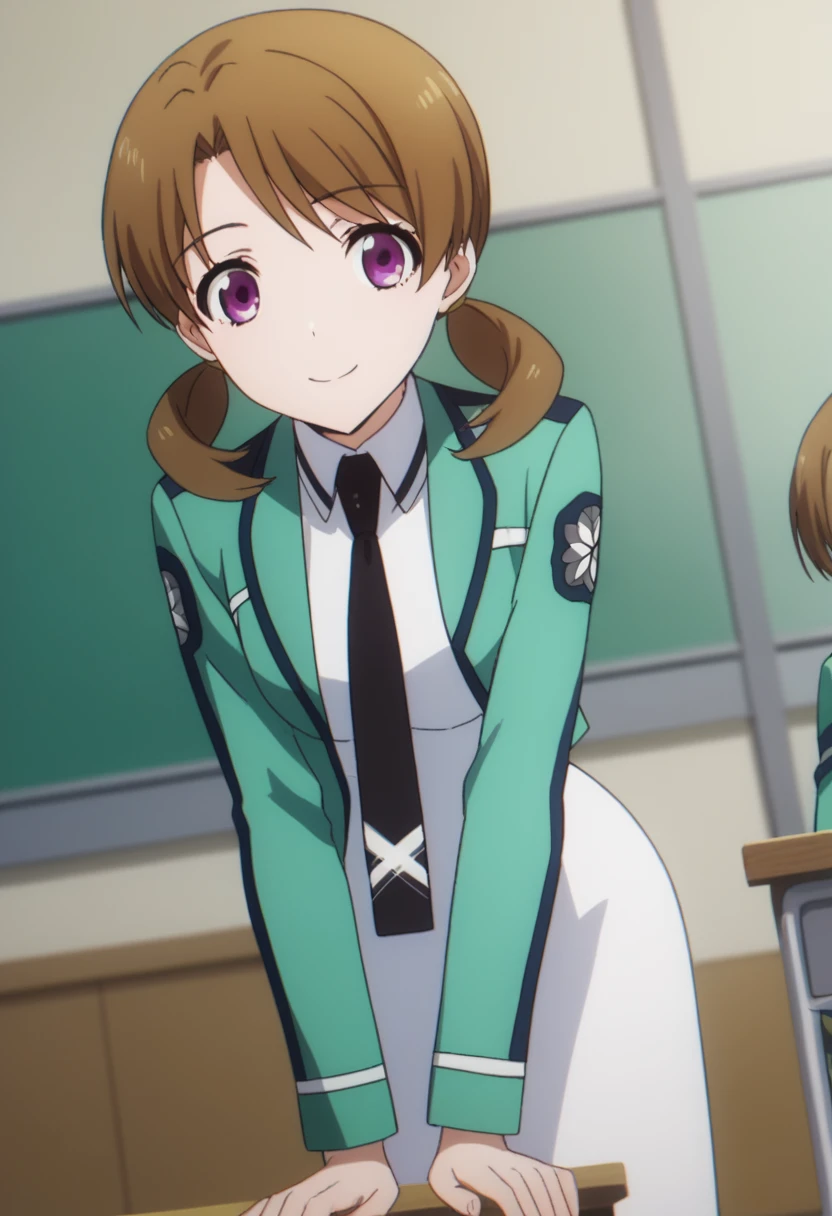 score_9, score_8_up, score_7_up, source_anime,
honoka mitsui, 1 girl, 
bangs, brown hair, twintails, low twintails, purple eyes, 
jacket, green jacket, long sleeves, dress, white dress, necktie, black necktie, pantyhose, 
solo, bent over, smile, 
dutch angle, looking at viewer, cowboy shot, 
indoors, classroom, 