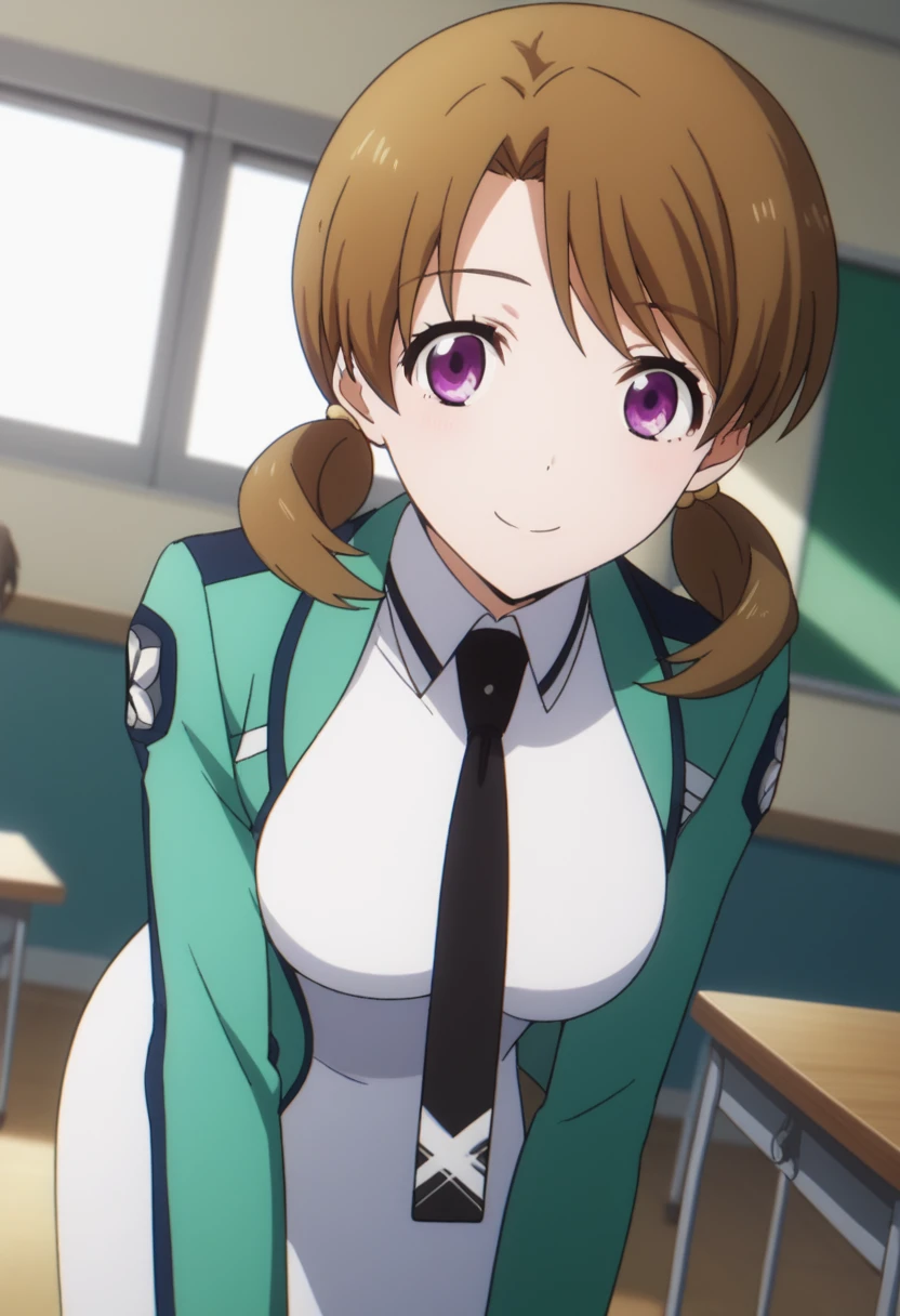score_9, score_8_up, score_7_up, source_anime,
honoka mitsui, 1 girl, 
bangs, brown hair, twintails, low twintails, purple eyes, 
jacket, green jacket, long sleeves, dress, white dress, necktie, black necktie, pantyhose, 
solo, bent over, smile, 
dutch angle, looking at viewer, cowboy shot, 
indoors, classroom, 