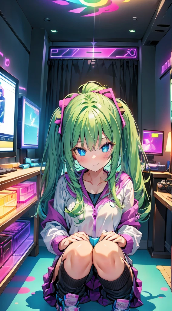Gamer girl decorates game room with RGB lights. She enjoys choosing the perfect colors and effects. She can't wait to start a new game, Colorful space.