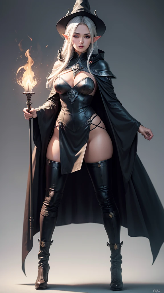 medieval setting, full view of body, 1 female elf mage,beatiful smokey eyes, silver hair, black mage robe with gambeson, wizard hat, black leather pants, leather boots