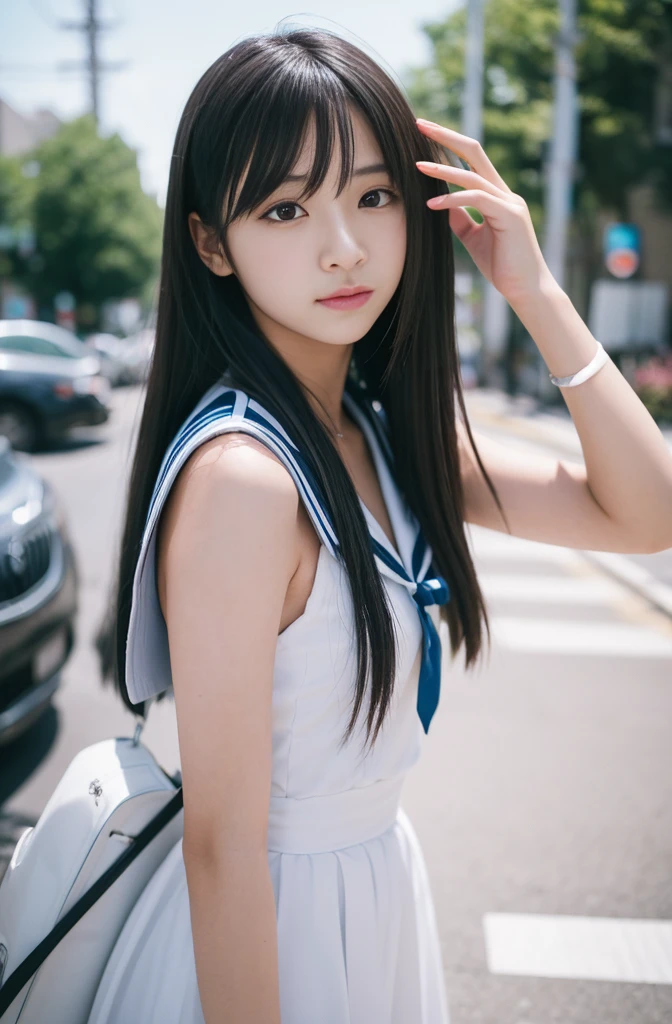 instax, snapshot, Realistic, Photography, jpop girl group's girl, Japanese-idol-face girl, A girl with a face like a beautiful anime cosplayer, 17-years-old, kawaii, Japanese sailor , black hair, straight hair, Lomography, blue and white, cinematic shot, dynamic pose, dynamic angle, in the style of y2k aesthetic