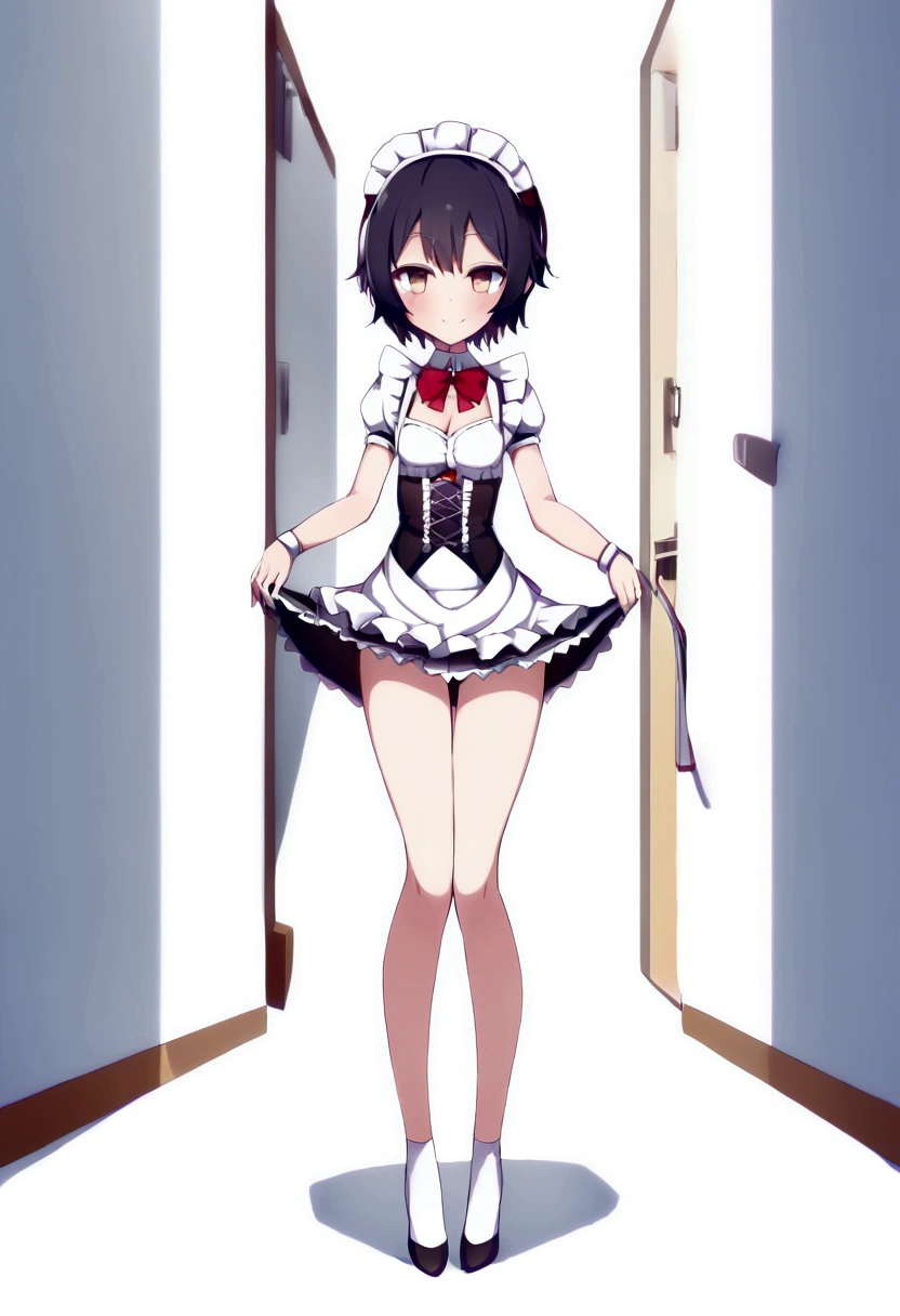 (One skinny maid:1.3) standing alone in the hallway, (bow:1.5), (Holding her short skirt with both hands、Lift the skirt up:1.4), Standing on tiptoes, break, Black Short Hair, Iris, Bring a smile to your audience, break, (Small breasts), Cleavage, Incredibly Tiny Waist, Slim Hips, Thin long legs, Thigh Gap, break, White Headdress, Short sleeve, (A frilly skirt that&#39;s too short), White ruffled apron, 