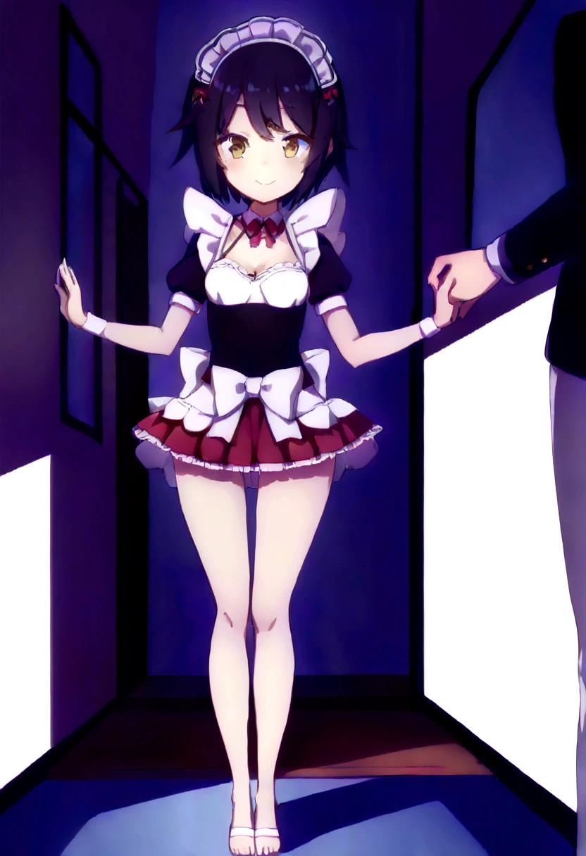 (One skinny maid:1.3) standing alone in the hallway, (bow:1.5), (Holding her short skirt with both hands、Lift the skirt up:1.4), Standing on tiptoes, break, Black Short Hair, Iris, Bring a smile to your audience, break, (Small breasts), Cleavage, Incredibly Tiny Waist, Slim Hips, Thin long legs, Thigh Gap, break, White Headdress, Short sleeve, (A frilly skirt that&#39;s too short), White ruffled apron, 