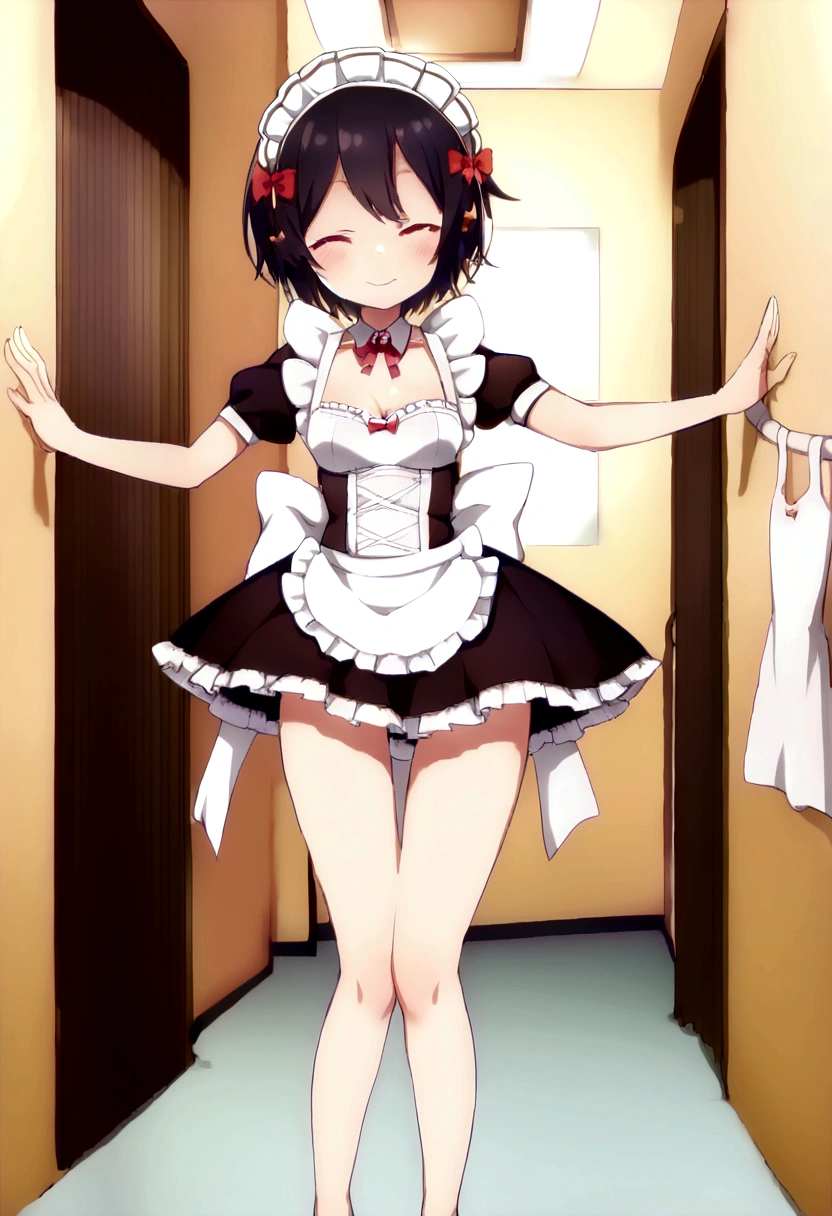 (One skinny maid:1.3) standing alone in the hallway, (bow:1.5), (Holding her short skirt with both hands、Lift the skirt up:1.4), Standing on tiptoes, break, Black Short Hair, Iris, Bring a smile to your audience, break, (Small breasts), Cleavage, Incredibly Tiny Waist, Slim Hips, Thin long legs, Thigh Gap, break, White Headdress, Short sleeve, (A frilly skirt that&#39;s too short), White ruffled apron, 