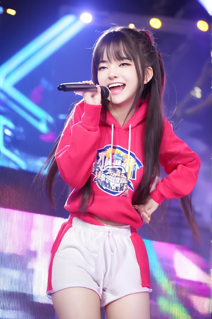 highest quality, Highest quality, masterpiece, Ultra-high resolution, Raw photo, A photo-realistic image of a cute, 26-year-old girl smiling brightly as she sings. The girl has a lively and cheerful expression, with sparkling eyes. She is wearing vivid hoody, and short pants. Her hair is white and very short, with colorful highlights. sexy body, city street, bokeh,