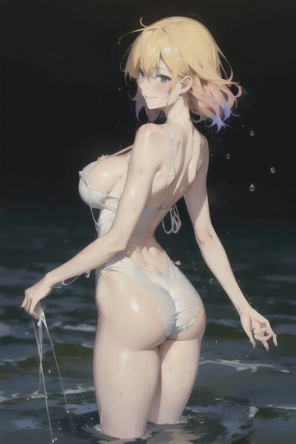 ,Big Breasts,Happy, Sundress, abundant,Gradient, extreme,color, Extreme,detail, Clear light perception, butt, (many, Impressionism, painting), Anime Characters,Fluid between thighs,flowing liquid,Disheveled,Clothing that fits snugly,broken,Chest contour,(((Wet clothing))),Tube Top,(((Ultra-thin clothing))),(Body model),((Flesh outline)),Grinning, blush,Hyperactive expression,Cover the crotch,(leaning forward),Back view
