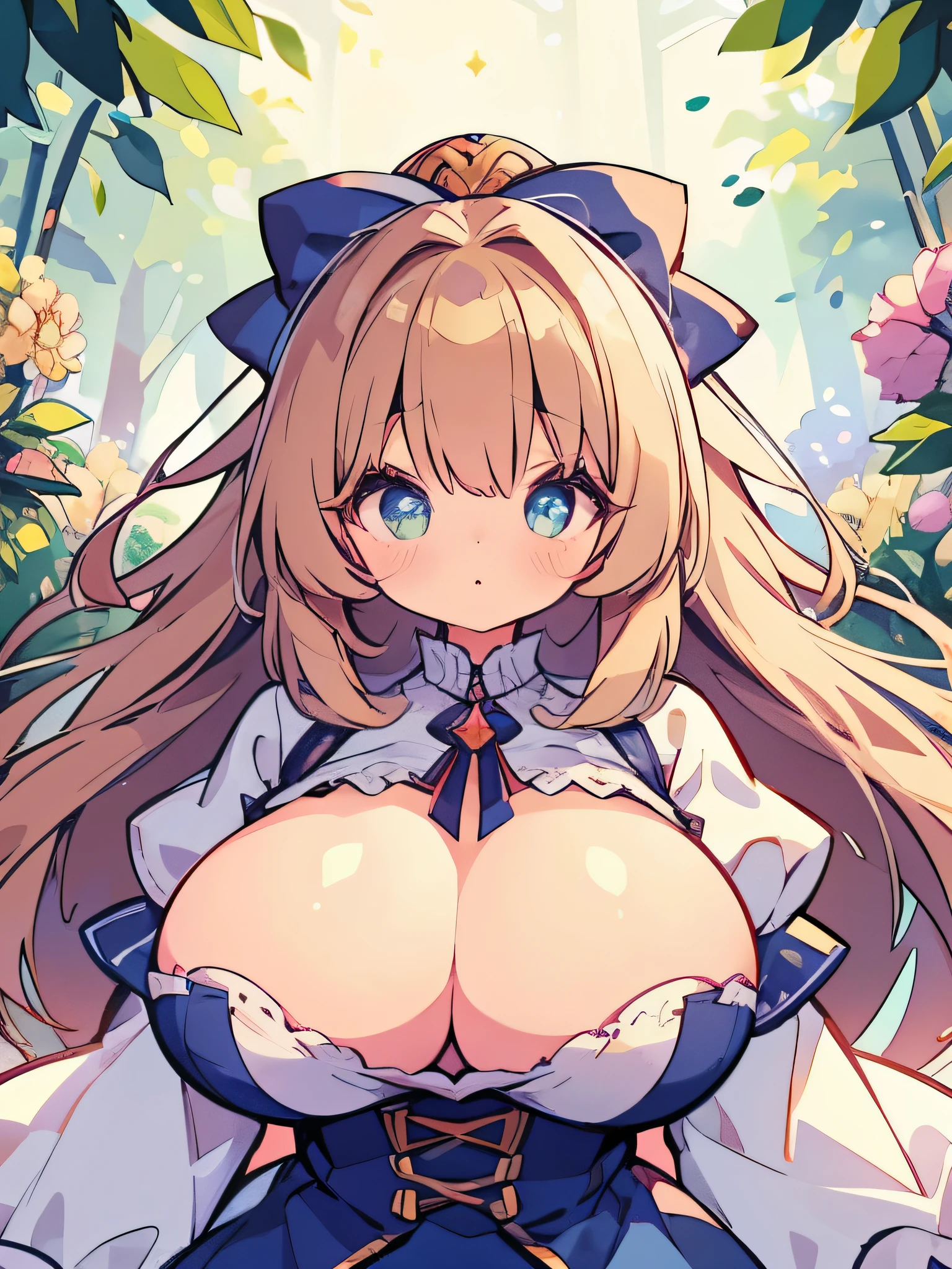 (Highest quality), (masterpiece), Very detailed, Exquisite,(Up girl illustration),(Super huge boobs:1.2),(Very large breasts:1.3),Soft Breasts,of the highest quality, high_resolution, Distinct_image, Detailed background, girl, flower, Garden, Starry sky,、Huge chubby、Ultramammy,dynamic,Powerful large eyes, glamorous, Curvy,cute,Alice in Wonderland,Glowing Skin,Kawaii Design,Light on the chest