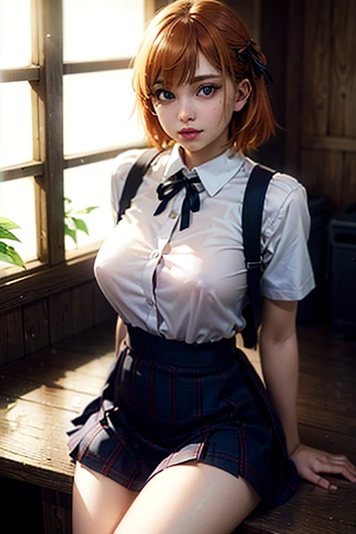 sit in Sauna room , Sauna room , steam , waistband of skirt is at the point above chest , plaid skirt , pleated skirt , Tight shirt , white Shirt , school girl , skirt under breasts , skirt is near breasts area , skirt is adjacent to the chest , (masterpiece, best quality, hires, high resolution:1.2, 4k, 8k , high quality), extremely detailed, realistic, intricate details, highres, 1girl, solo, (large breasts, thick thighs, wide hips), arched back,(cinematic lighting, sunlight, perfect lighting, backlighting), eye-level shot, extreme close-up-shot, looking at viewer, , green skirt nakano_yotsuba_ecsta, blue eyes, orange hair, hair ribbon, nakano yotsuba, short hair, green ribbon, hair between eyes