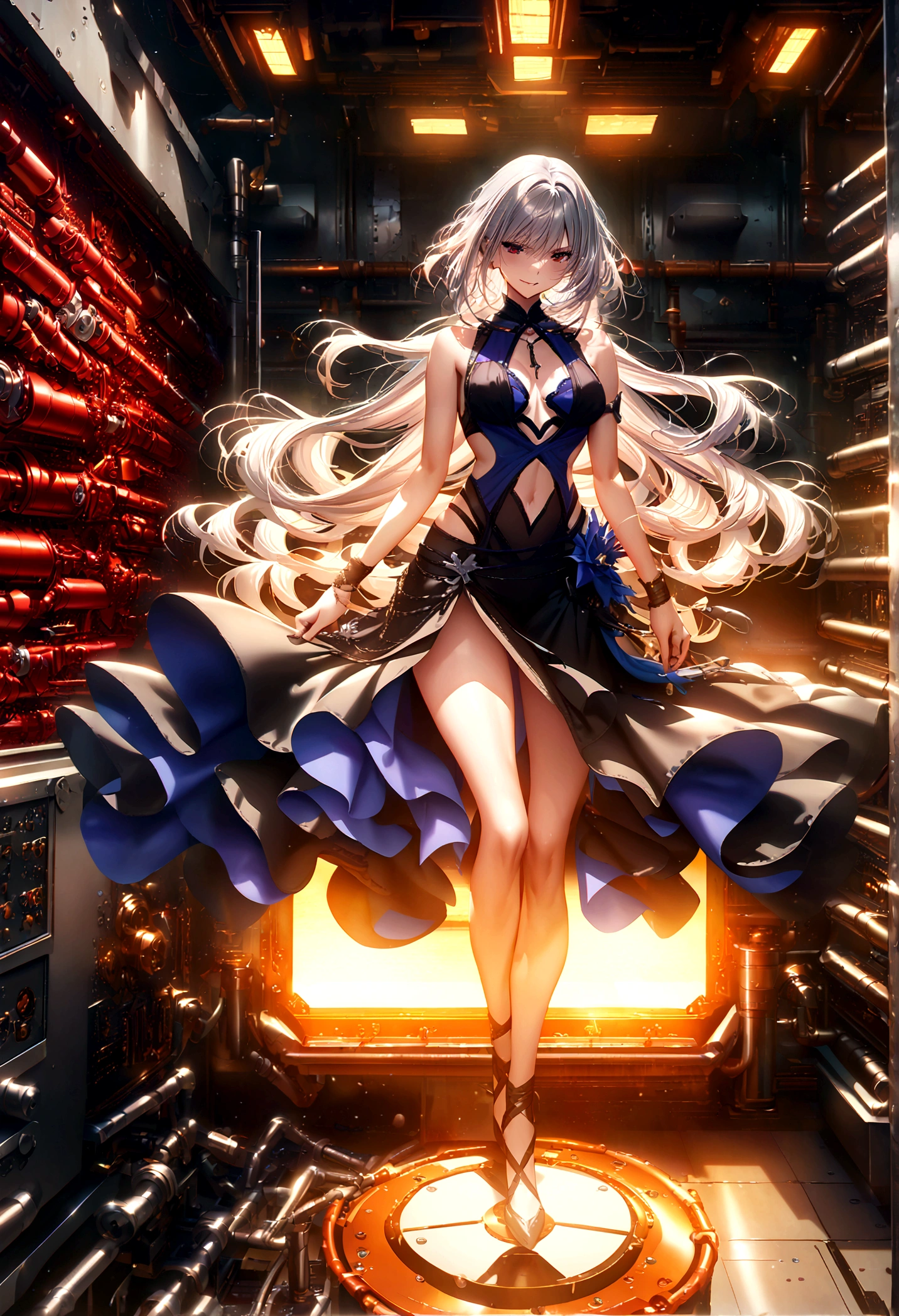 finest masterpiece, Super detailed, Highest quality, Sharp focus, 12k, ultra hi resolution picture, 1girl, tifa lockhart \\(refined dress\\), final fantasyfull body,dark aura,evil smile, masterpiece, best quality, very aesthetic, absurdres, anime artwork, anime style, key visual, vibrant, studio anime, highly detailed,1girl,(Silver Hair:1.4),Very long hair,(mechanical room:1.4)