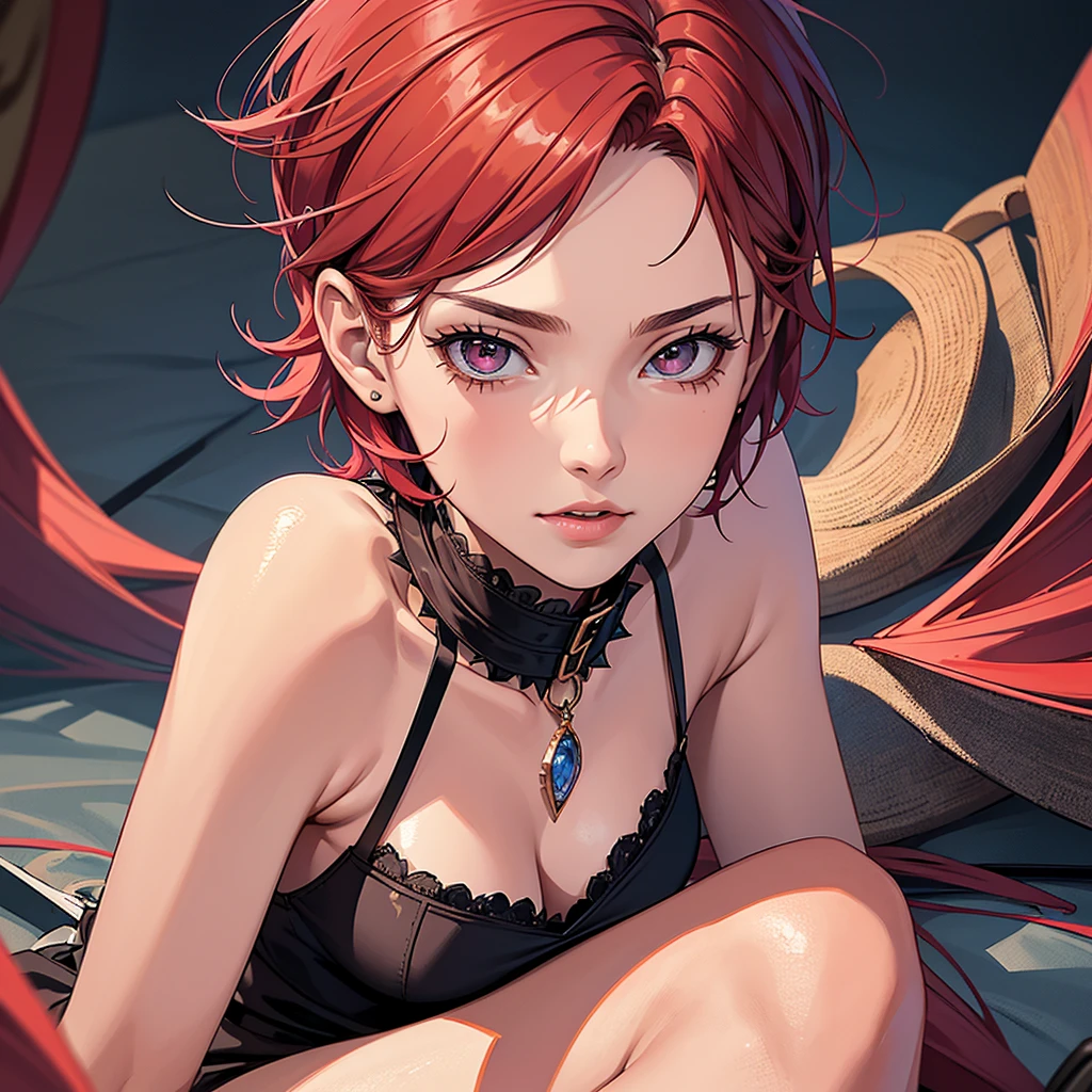 ((best quality)), ((masterpiece)), (detailed),High quality, Ultra detailed, best quality, insanely detailed, beautiful, masterpiece,
One Girl,, student,witch,violent spiky short hair,red hair,student,(boysh girl), pink colored full moon