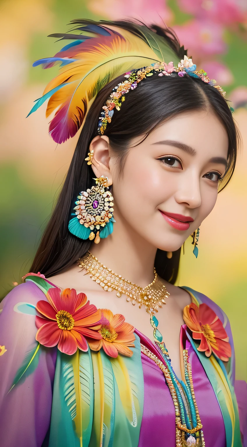 1 girl,(earrings feather:1.2),(masterpiece, top quality, best quality, official art, Beautiful and beautiful:1.2),Very detailed,(Fractal art:1.1),(rich and colorful:1.1)(flowers:1.3),flowers background,smiley face