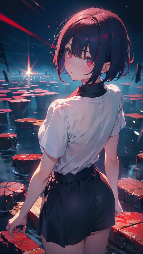 girl with short bob hair,Red eyes ,A shining heaven,Walking in heaven,細い脚