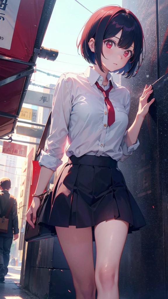 girl with short bob hair,Red eyes ,A shining heaven,Walking in heaven,細い脚
