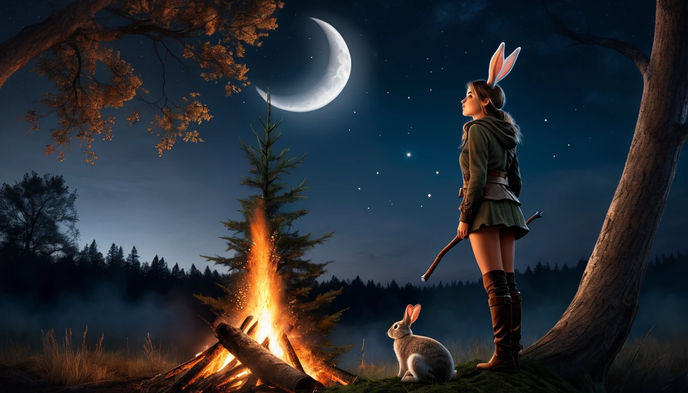 Highest quality Fantasy A young female hunter looking up at a large tree Bonfire rabbit The background is a night forest Crescent Moon