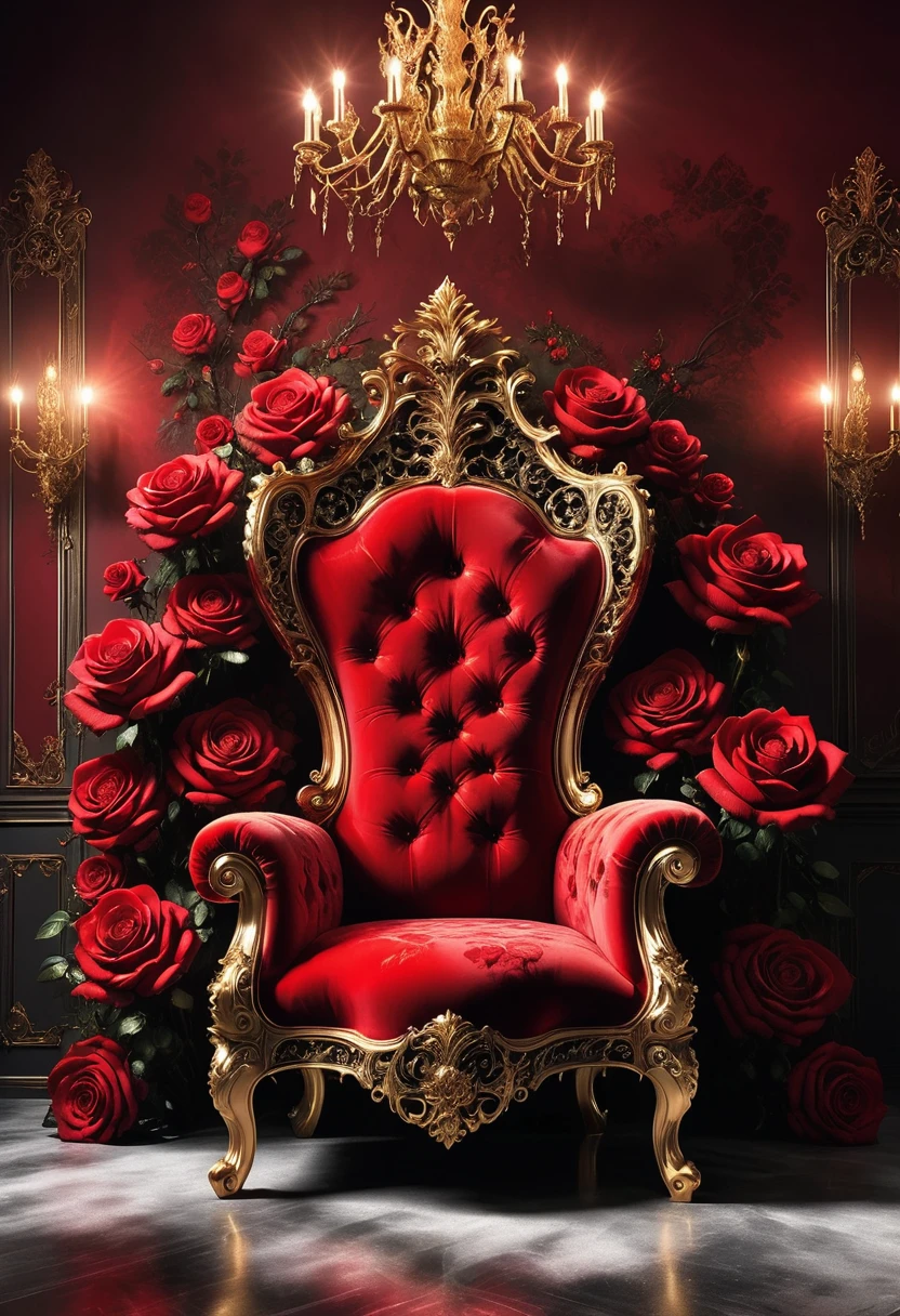 a lavish red rose throne chair, ornate rococo style, detailed symmetrical red roses, intricate floral patterns, luxurious velvet upholstery, golden accents, dramatic chiaroscuro lighting, highly detailed, 8k, photorealistic