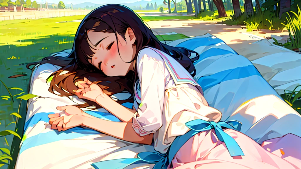 (Highest quality, masterpiece, Ultra-realistic), Beautiful and delicate１５Year-old girl portrait,, The background is the riverbed、Sleeping peacefully on a picnic sheet、The time is evening