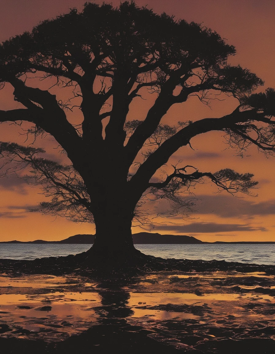 vintage film photography of a tree in front of sunset in sea 