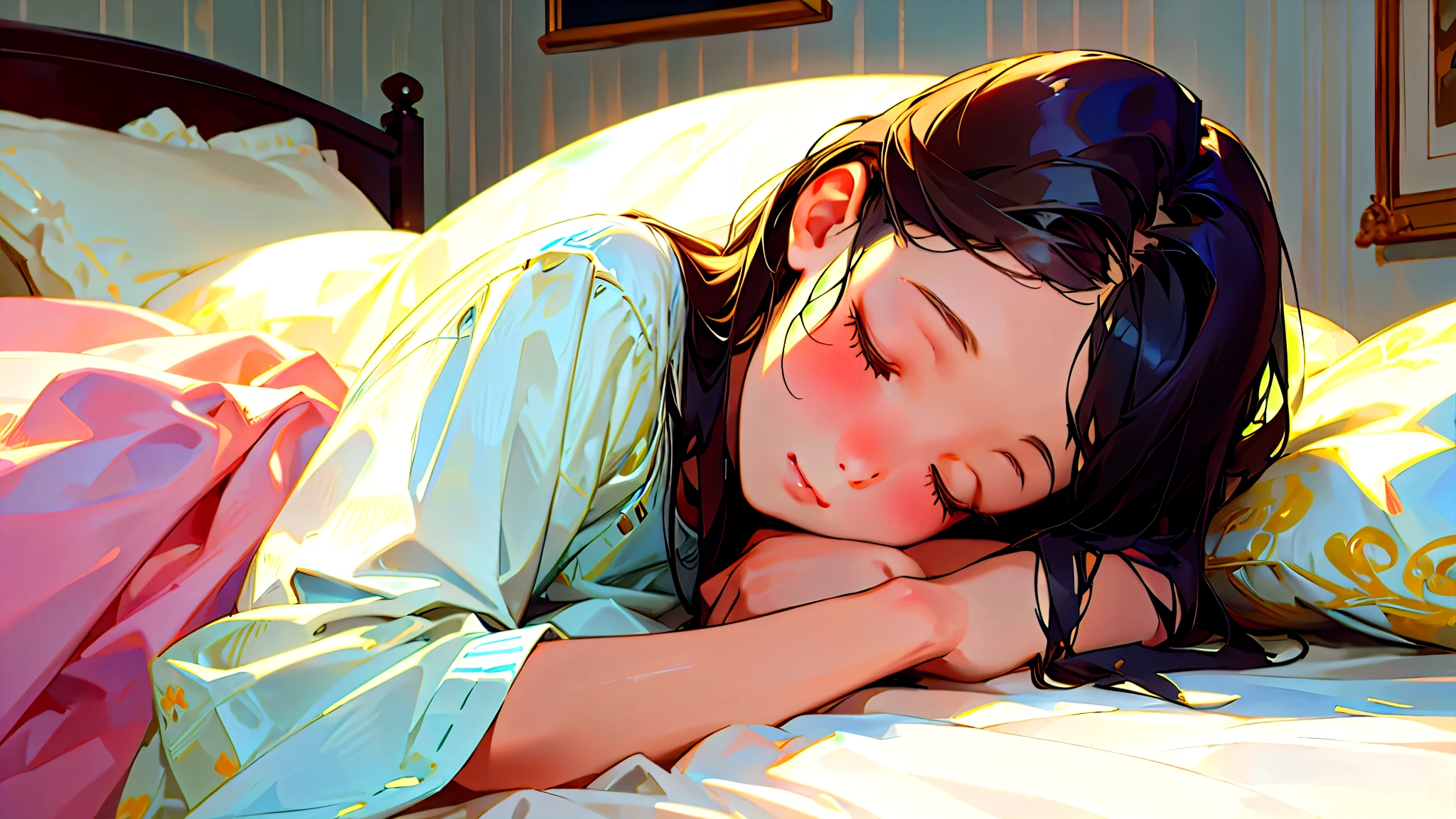 (Highest quality, masterpiece, Ultra-realistic), Beautiful and delicate１５Year-old girl portrait,, The background is the bedroom at home.、Sleeping with a calm expression、Time is midnight、It's pitch black in the room.、darkness、It's dark outside、It's raining outside