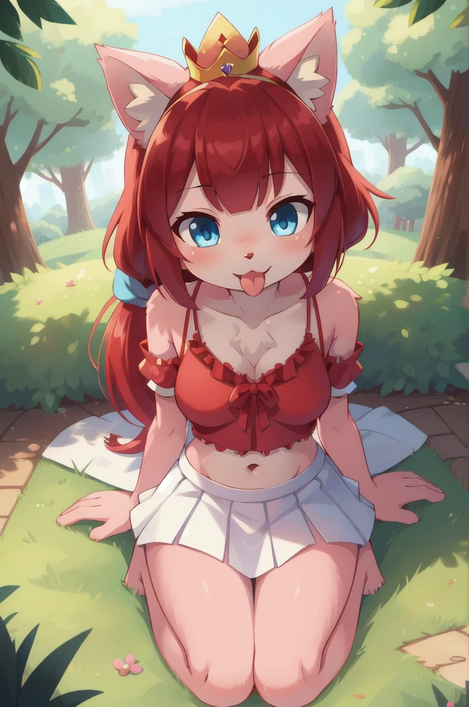 furry girl, cat, red hair, Knight bangs hairstyle, long ponytail, anime style, medium breasts, blue eyes, ((red frilly shirt, two shoulders, midriff, white skirt, princess crown)), raise her shirt, undress, show her body, show her breasts, in heat, horny, high quality, detailed body, detailed eyes, detailed face, masterpiece, glistening body, detailed body fur, best quality, two tone body, pink fur, clear pink fur, perfect lighting, perfect shadows, perfect eyes, perfect hair, perfect face, gorgeous body, skinny, solo, tongue out, sitting, park, skinny, looking at viewer, full body, feets with three toes, 3 toes, score_9,score_8_up,score_7_up, source_cartoon, source_furry, glowing blue eyes, from above, motion blur, Birds Eye view,