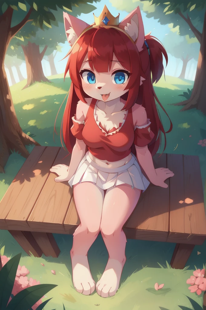 furry girl, cat, red hair, Knight bangs hairstyle, long ponytail, anime style, medium breasts, blue eyes, ((red frilly shirt, two shoulders, midriff, white skirt, princess crown)), raise her shirt, ???????, show her body, show her breasts, in heat, horny, high quality, detailed body, detailed eyes, detailed face, masterpiece, glistening body, detailed body fur, best quality, two tone body, pink fur, clear pink fur, perfect lighting, perfect shadows, perfect eyes, perfect hair, perfect face, gorgeous body, skinny, solo, tongue out, sitting, park, skinny, looking at viewer, full body, feets with three toes, 3 toes, score_9,score_8_up,score_7_up, source_cartoon, source_furry, glowing blue eyes, from above, motion blur, Birds Eye view,