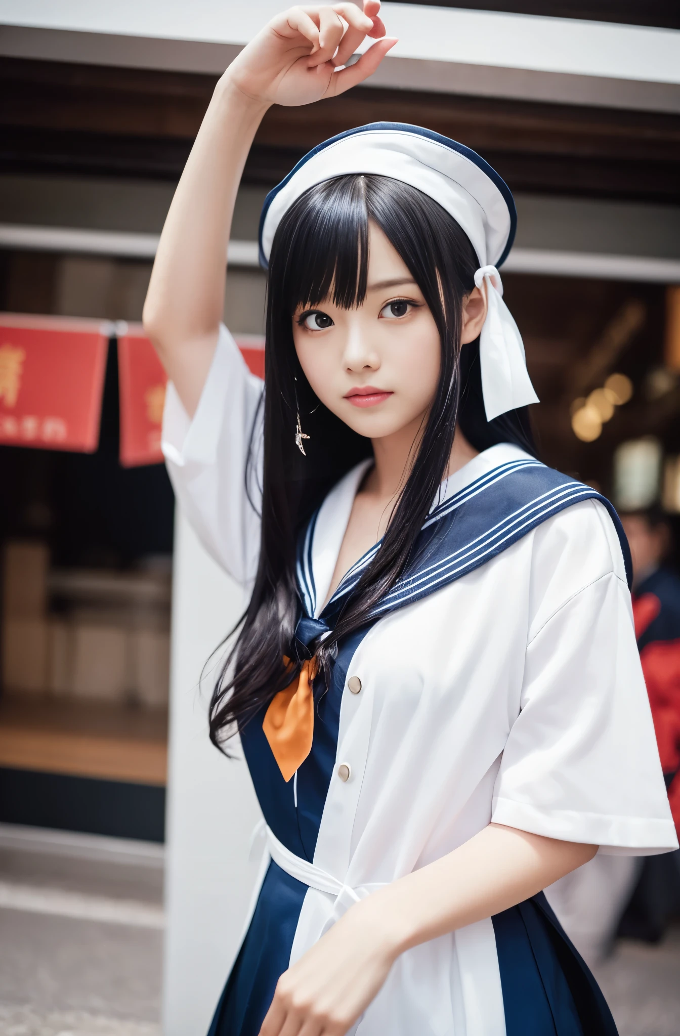 instax, snapshot, Realistic, Photography, jpop girl group's girl, Japanese-idol-face girl, A girl with a face like a beautiful anime cosplayer, 17-years-old, kawaii, Japanese sailor , black hair, straight hair, Lomography, blue and white, cinematic shot, dynamic pose, dynamic angle, in the style of y2k aesthetic