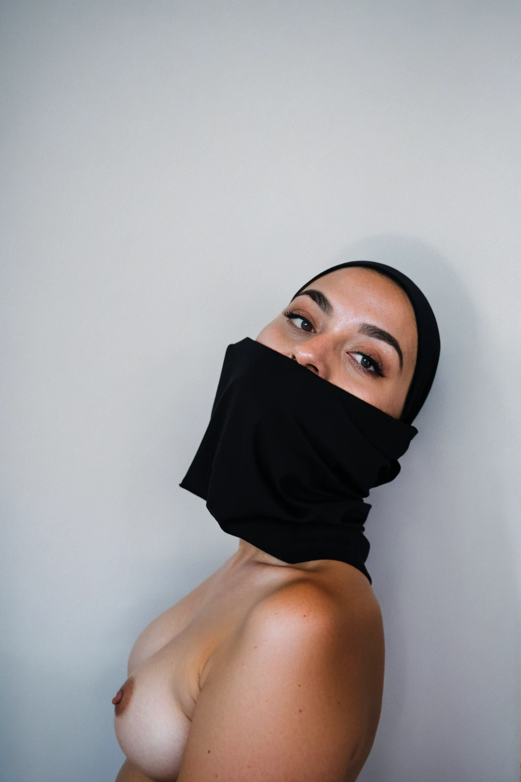 RAW photo,candid photograph, full body,photo of a beautiful,influencer,30yo Moroccan woman,pale skin,black hijab, detailed skin, naked, looking at viewer, thick body structure,white background,no background, candid pose,blue light, film grain, kodak color, instagram LUT