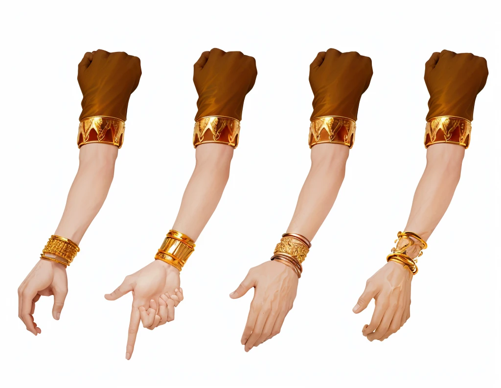 four different views of a man's hand with gold bracelets, multiple illusory arms, hands retouched, corrected left hands, low - poly hands, hands, spritesheet, enhanced hands, coherent hands, man hand, ( golden ratio ) details, default pose neutral expression, physicality-based render, simpe hands, pixeled stretching