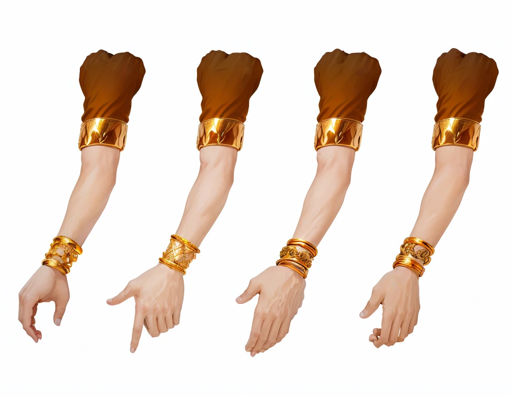 four different views of a man's hand with gold bracelets, multiple illusory arms, hands retouched, corrected left hands, low - poly hands, hands, spritesheet, enhanced hands, coherent hands, man hand, ( golden ratio ) details, default pose neutral expression, physicality-based render, simpe hands, pixeled stretching
