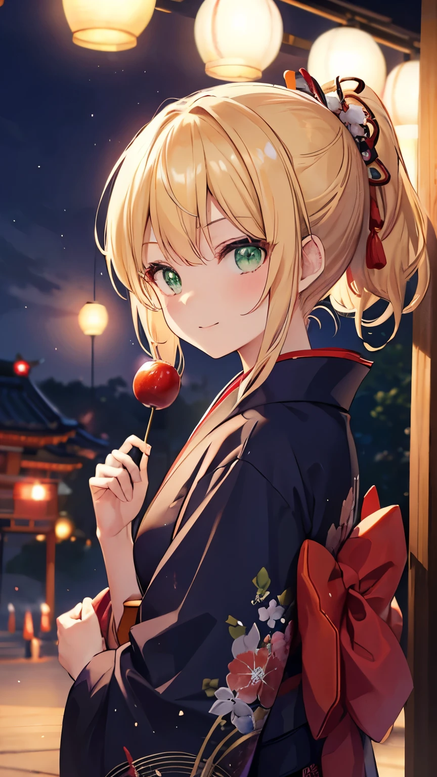 Highest quality:1.1)、(masterpiece:1.2)、(solo)、Watching the viewer、shrine、夏festival,firework,kimono,Sarashi,,festival,,,Girl,whole body,Night view,Blonde,ponytail,Green Eyes,slender,samurai,smile,Candy apples