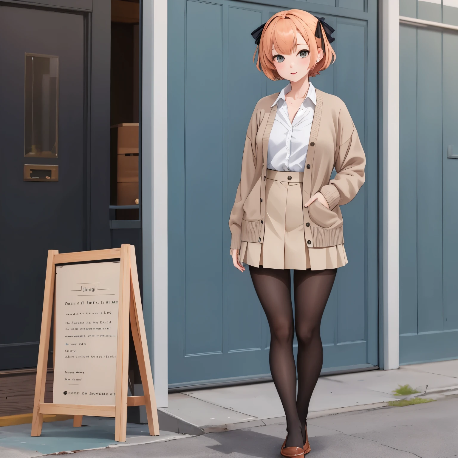 masterpiece, Highest quality, High resolution, amber, short hair, pantyhose, Hair Ribbon, shirt, cardigan, High Waist Skirt, Are standing,full body,toe,shoses