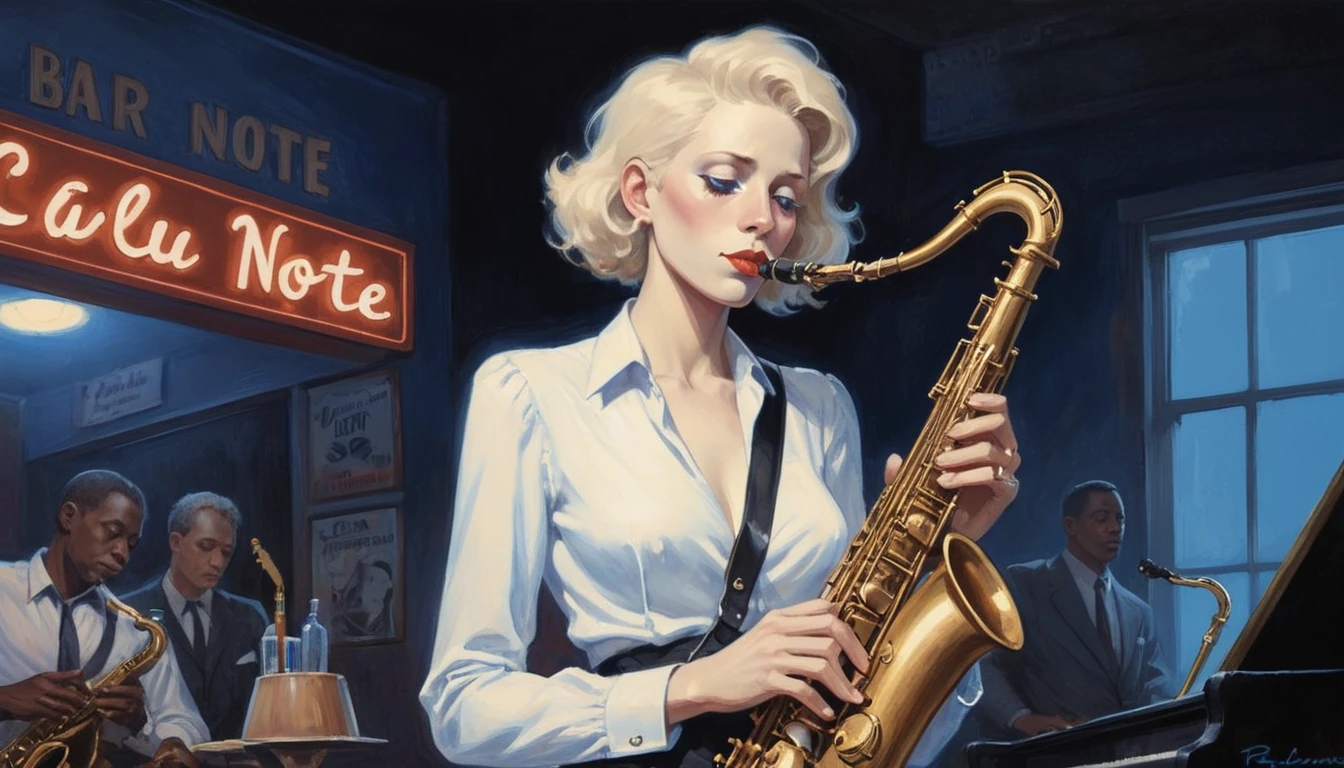 Robert Johnson, sandy, alabama bar, blue note, charismatic , illustration, white fantasy, pride day,lonely blonde lady, sad ending, saxophonists
