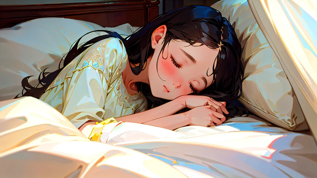 (Highest quality, masterpiece, Ultra-realistic), Beautiful and delicate15Year-old girl portrait,, The background is the bedroom at home.、Sleeping with a calm expression、Time is midnight、It's pitch black in the room.、It's raining outside