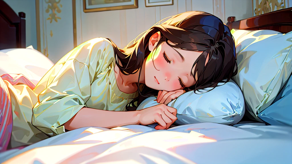 (Highest quality, masterpiece, Ultra-realistic), Beautiful and delicate15Year-old girl portrait,, The background is the bedroom at home.、Sleeping with a calm expression、Time is midnight、It's pitch black in the room.、It's raining outside