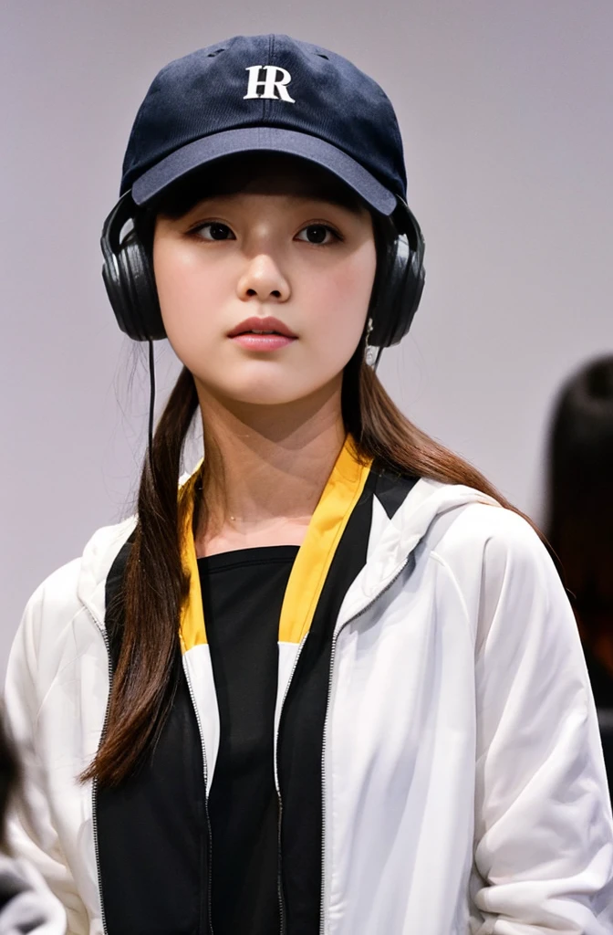 A handsome Japanese 20-year-old girl with a cap on her head ，headphones around her neck , half-length photo, facing the audience directly, symmetrical facial close-up, facing the audience head-on, wearing modern and stylish sportswear, art clothes, pearls, H. R. Giger, white background