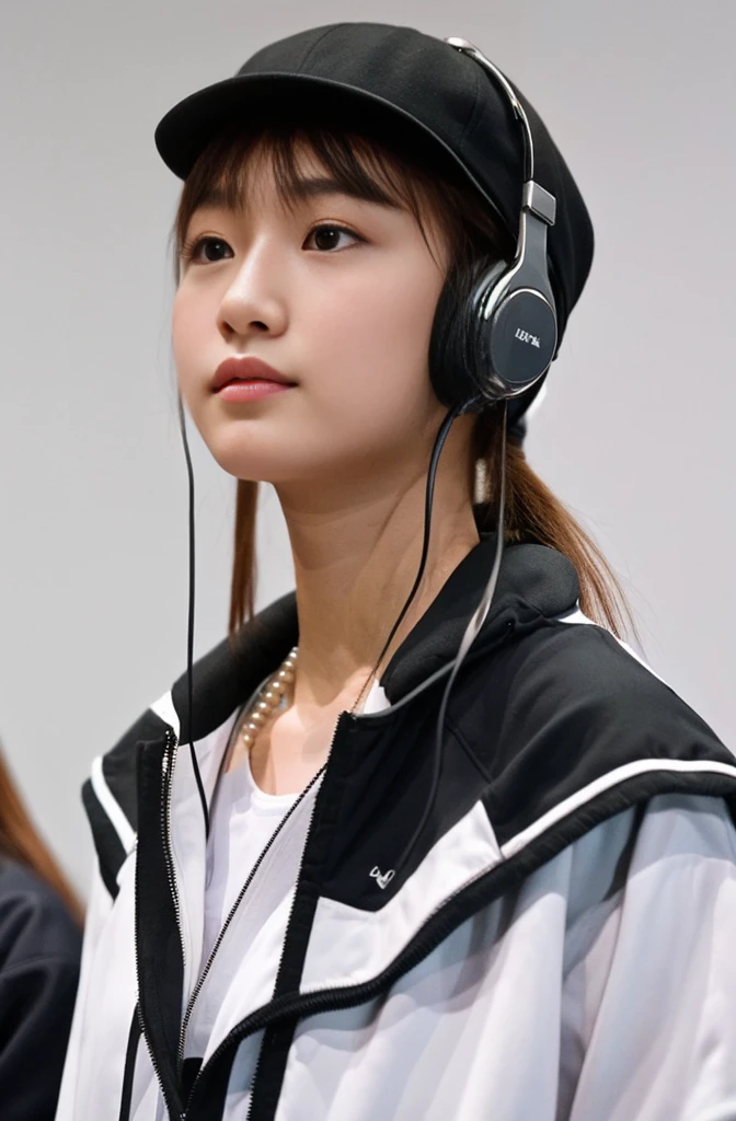 A handsome Japanese 20-year-old girl with a cap on her head ，headphones around her neck , half-length photo, facing the audience directly, symmetrical facial close-up, facing the audience head-on, wearing modern and stylish sportswear, art clothes, pearls, H. R. Giger, white background