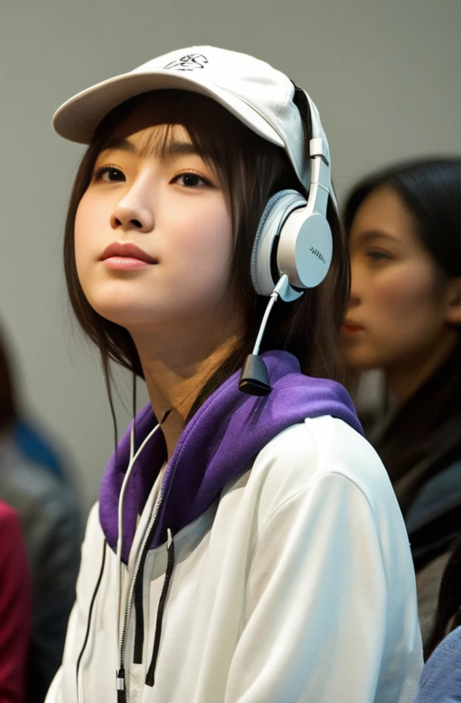 A handsome Japanese 20-year-old girl with a cap on her head ，headphones around her neck , half-length photo, facing the audience directly, symmetrical facial close-up, facing the audience head-on, wearing modern and stylish sportswear, art clothes, pearls, H. R. Giger, white background