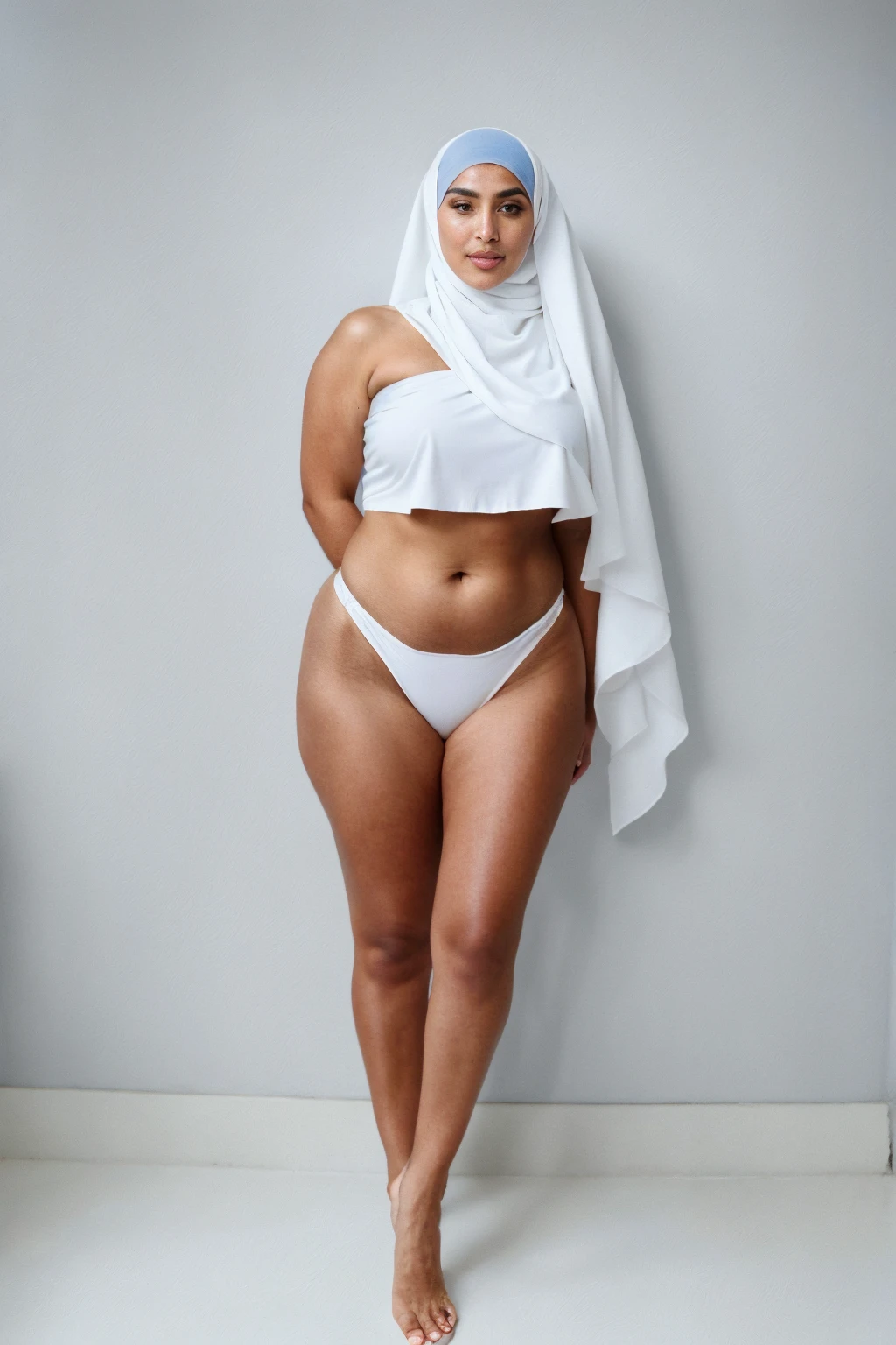 RAW photo,candid photograph, full body,photo of a beautiful,influencer,30yo Arab woman,black hijab, detailed skin, naked, looking at viewer, thick body structure,white background,no background, candid pose,blue light, film grain, kodak color, instagram LUT