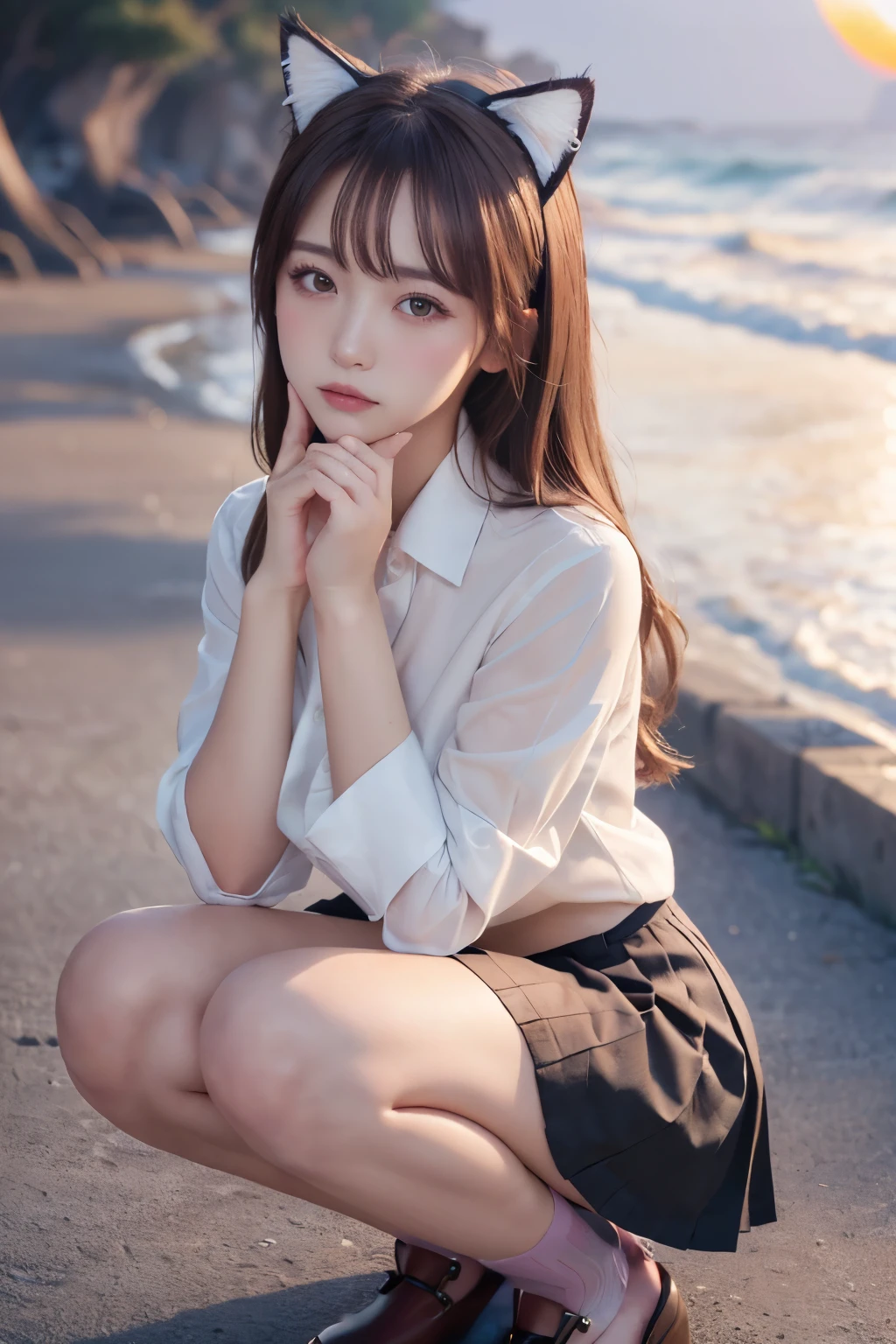 (Cat ears:1.3), (Showing off panties:1.2), (Professional portrait, Realistic and perfectly shaped subjects:1.3), (masterpiece, highest quality:1.2), (Realistic, Ultra-realistic, Realistic:1.3), (ultra High resolution), High resolution, Intricate details, Super detailed, (Highly detailed CG, unity 8k wallpaper:1.3), Clear image,
break
(1 Japanese girl, 16 years old), (cute, Slender figure), (Perfect Anatomy, Correct limbs:1.2), (Perfect hands), Perfect Arms, Beautiful and delicate face down to the last detail, Beautiful and delicate eye and eye highlights, (Very thin and delicate、not too long lashes), (Captivating eyes, Beautifully detailed eyes and face), light makeup, Pink Lip, Lip gloss, Stylish face, (Shiny skin, Realistic skin detail), Brown Hair, medium chest
break
, (High school girl), 
(White open shirt:1.3), (Pleated skirt:1.2),
(Black socks), 
break
(Sunset seashore :1.3), squatting in the beach, (Cowboy Shot), break 
(((blush:1.4))), ((Embarrassing:1.4)), (((shy:1.5)))
break
from below
break