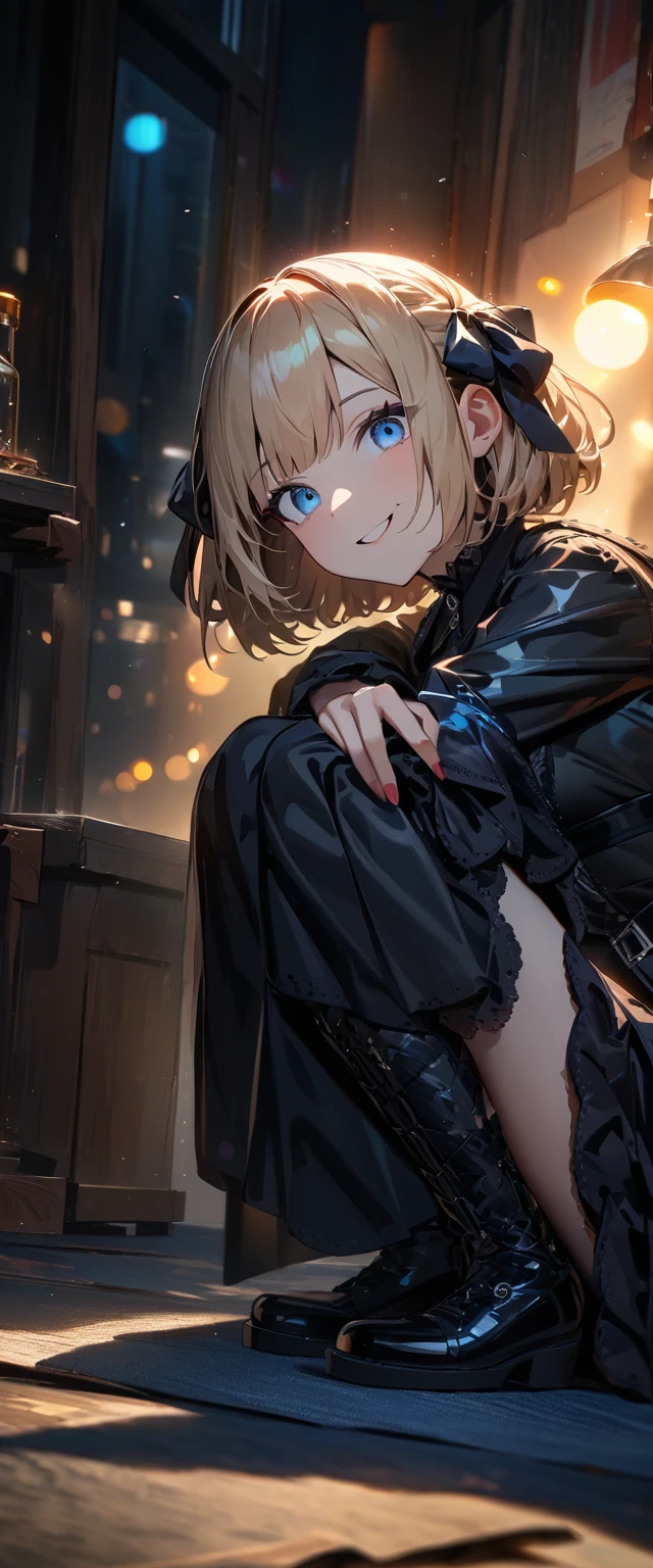 (((One girl))), Shibuya, streat, blond hair, bob cut, (looking at viewer), (((full body))), squatting, ???????, teenager, head tilt:1.3, (((blue eye))), constricted pupils, (from side:1.3), ((happy smile)), (((gothic lolita:1.3))), hair ornament, hair ribbon, anime style, (best quality, 4k, 8k, highres, masterpiece:1.2, ultra-detailed, ultra-detailed eyes, HDR, UHD, studio lighting, ultra-fine painting, sharp focus, physically-based rendering, extreme detail description, professional, vivid colors, bokeh)
