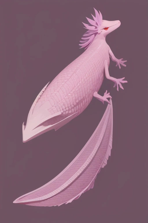 a large pink flying axolotl dragon looking directly at the viewer pale purple background