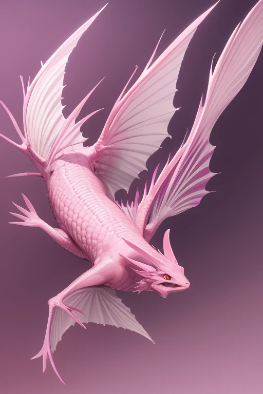 a large pink flying axolotl dragon looking directly at the viewer pale purple background