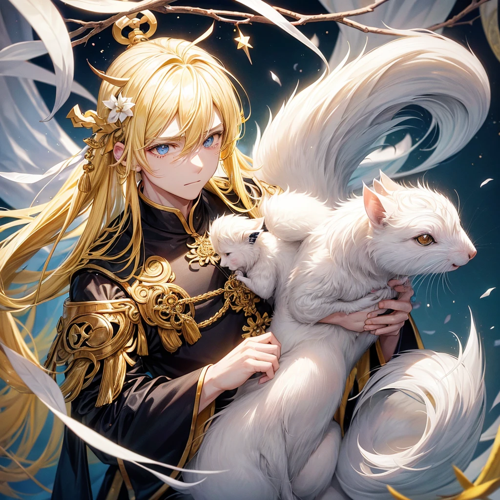 A guy with yellow hair with long eyes of white color, tears of golden color, white squirrels of black color in his eyes, blue color, star, Chinese ancient clothes 