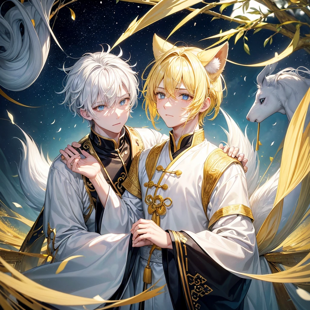 A guy with yellow hair with long eyes of white color, tears of golden color, white squirrels of black color in his eyes, blue color, star, Chinese ancient clothes 